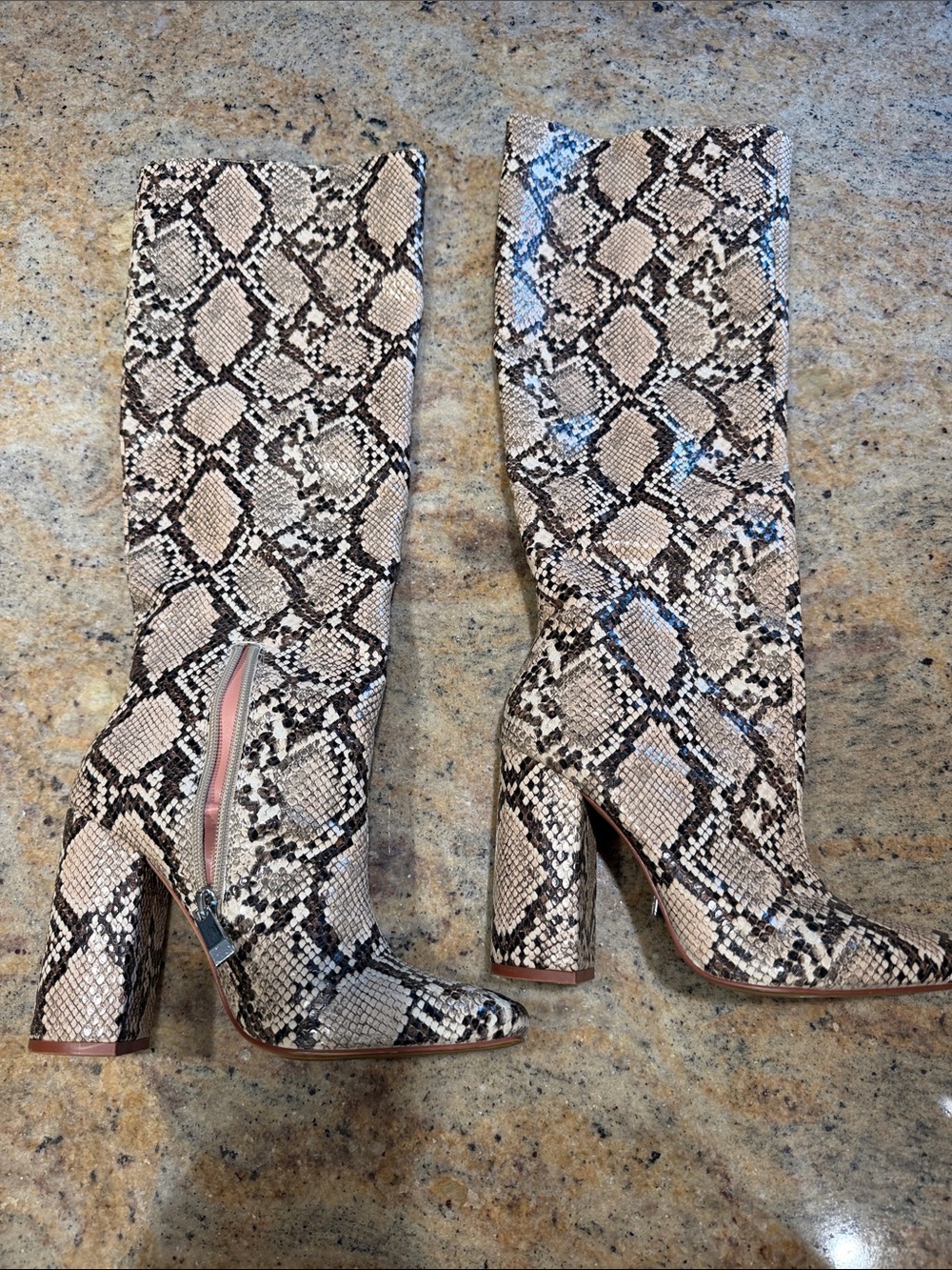 Snake-Print Knee-High Block Heel Boots in Beige/Black